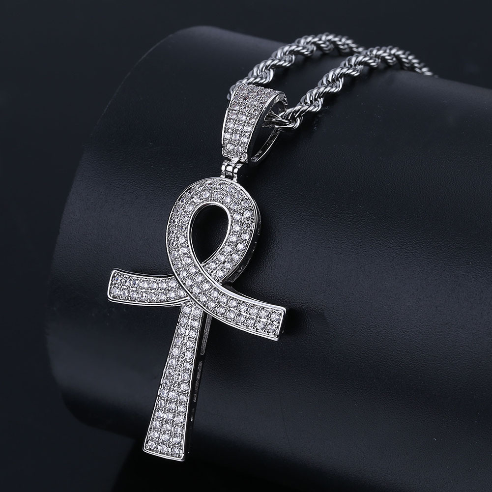 and White Gold Plated Dia Ankt Key of Life Cross Pendant Chain Necklace Cubic Zirconia Hip Hop Rapper Jewelry for Men Wholesale