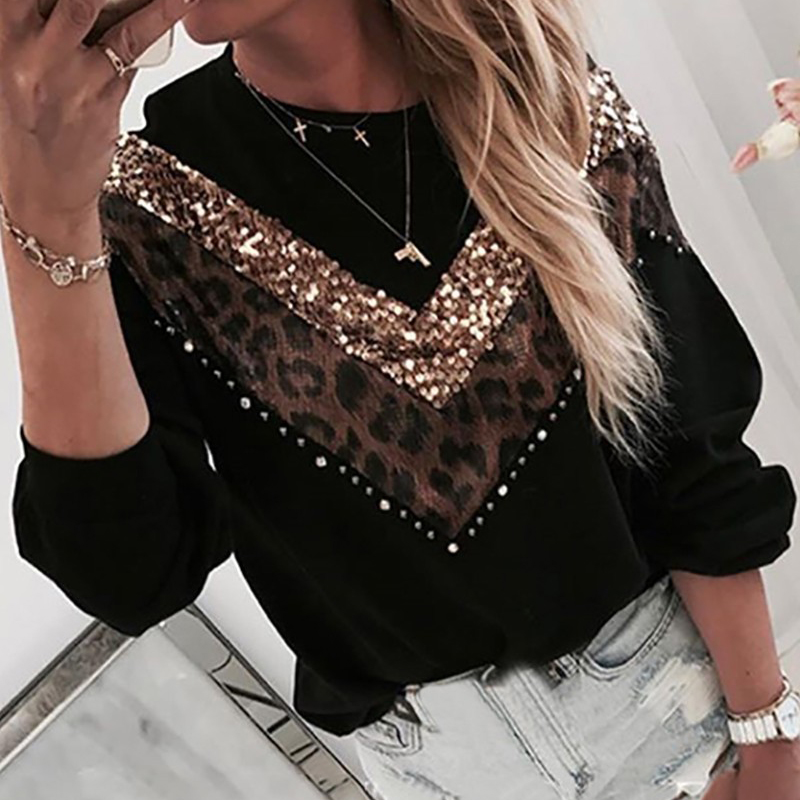 Casual Glitter Leopard Patchwork T-Shirts For Women | Long Sleeve Black Pullover Tops B4