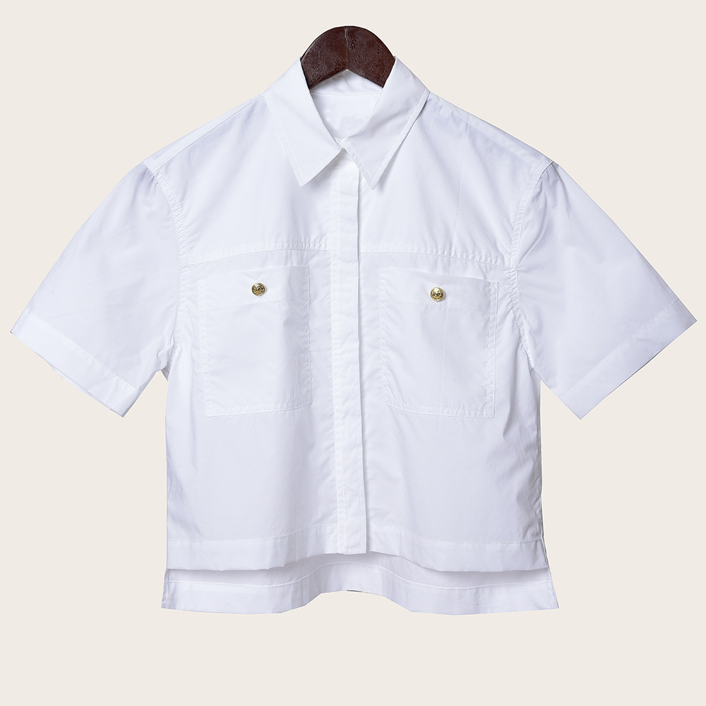 2020 Spring Short Sleeve Lapel Neck White Pure Color Cotton Pockets Buttons Blouse Women Fashion Shirt D2616306S от DHgate WW