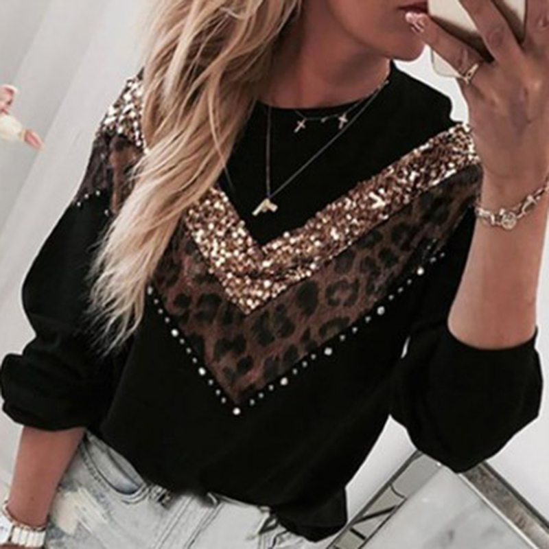 Casual Glitter Leopard Patchwork T-Shirts For Women | Long Sleeve Black Pullover Tops B4