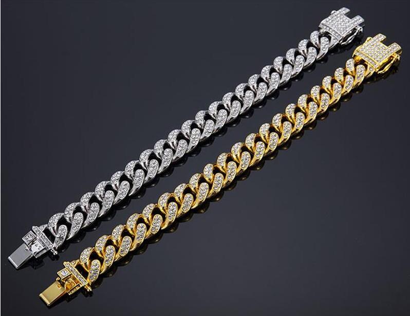 Mens Hip Hop Gold Bracelets Jewelry Simulated Diamond Rhinestone Crystal Iced Out Chain Bracelets Miami Cuban Link Chain Bracelet Gift