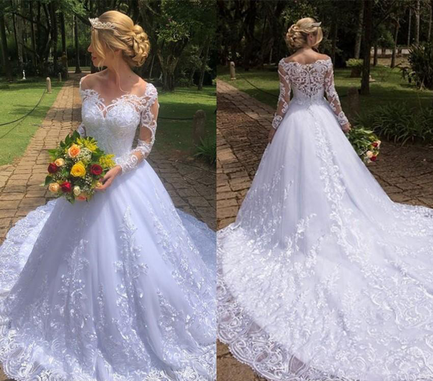 Off Shoulder Long Sleeves Wedding Dresses A Line Lace Appliques Country Garden Formal Bride Bridal Gowns Plus Size