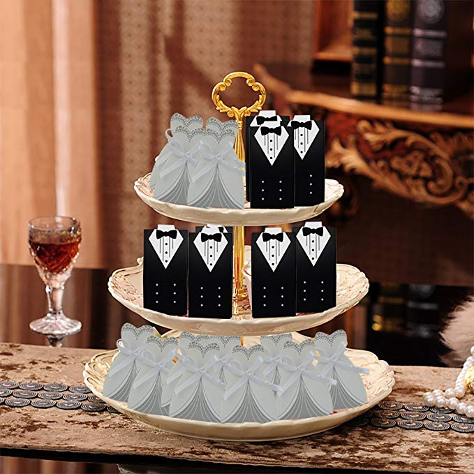 Creative Favor Holder Tuxedo bridal Dress candy boxes 50pcs bulk Candy Chocolate Gift Box Bonbonniere for wedding holders Laser Cut card with ribbon 2