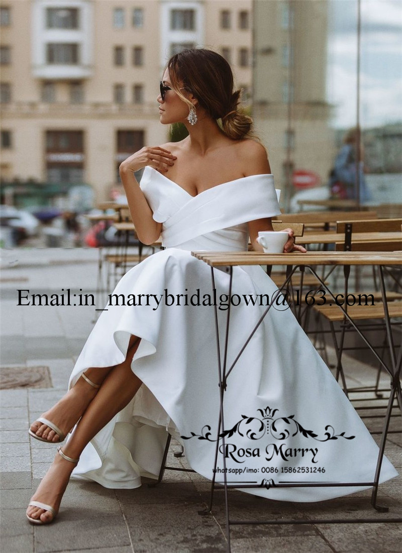 Modest Plus Size Cheap Short Wedding Dresses 2020 A Line Off Shoulder White Simple Country Beach Tea Length Bridal Gowns Vestido De Novia