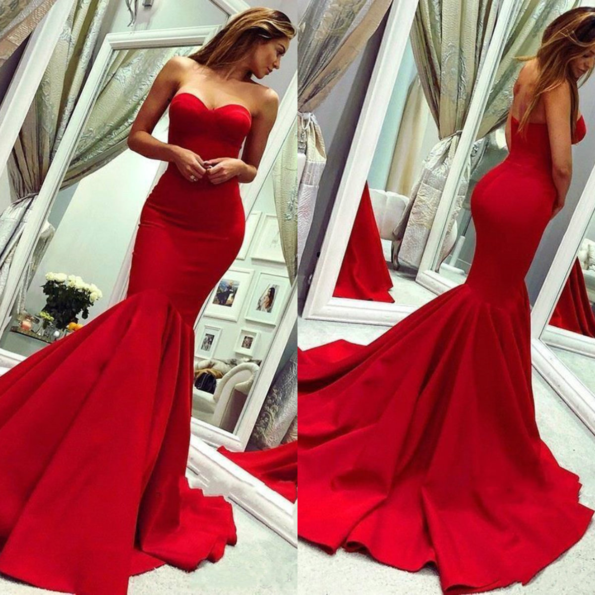 Red Prom Dresses Sweetheart Elegant Mermaid Special Ocn Gowns Sweep Train Backless Ruched Satin Celebrity Evening Wear