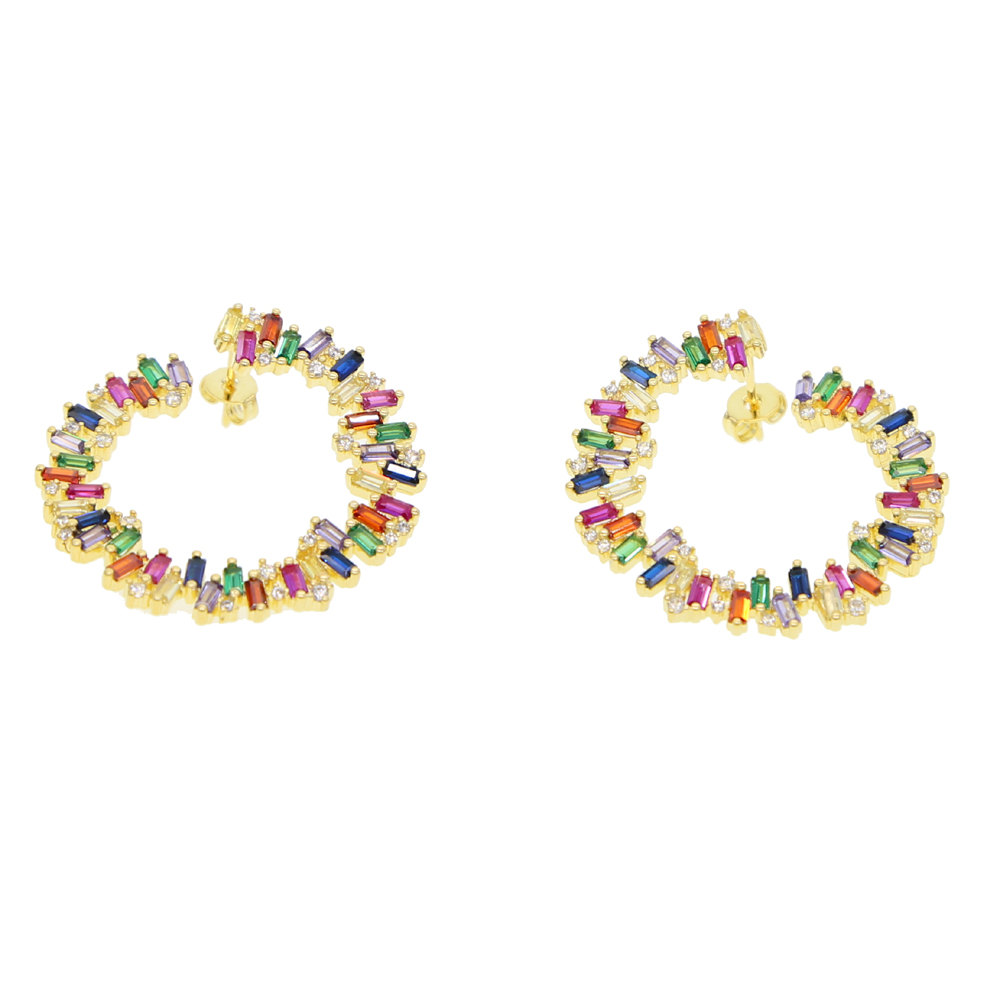 2018 Luxury Gold color round circle geometric stud earring Baguette rainbow colorful cz paved fashion trendy jewelry for women