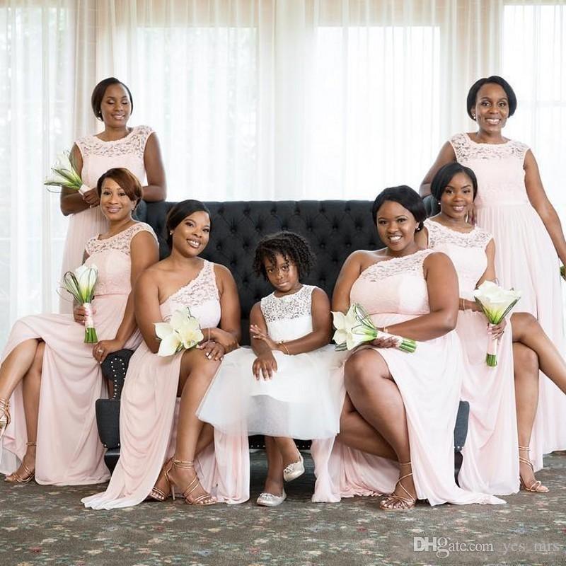 Mixed Styles Country Style African Black Girls Pink Bridesmaid Dresses Illusion Lace Applique Chiffon Maid Of Honor Wedding Guest Dress