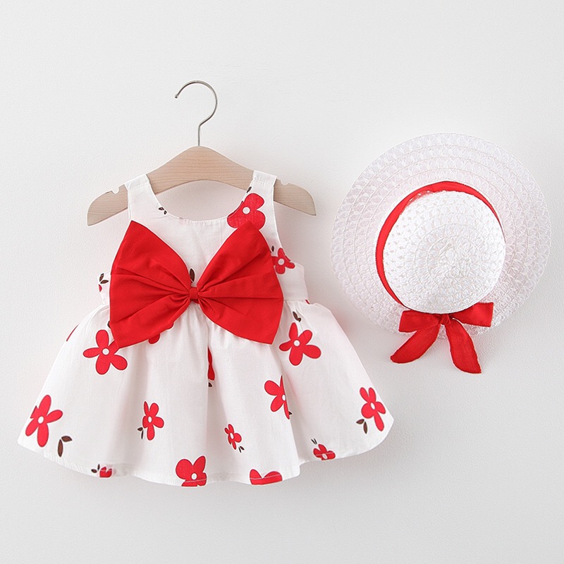 Baby Dress Cotton Baby Girl Clothes Print Floral Girl Dress With Bow Hat Clothes 2 Piece Suit Princess Outdoor Beach, Sent at random