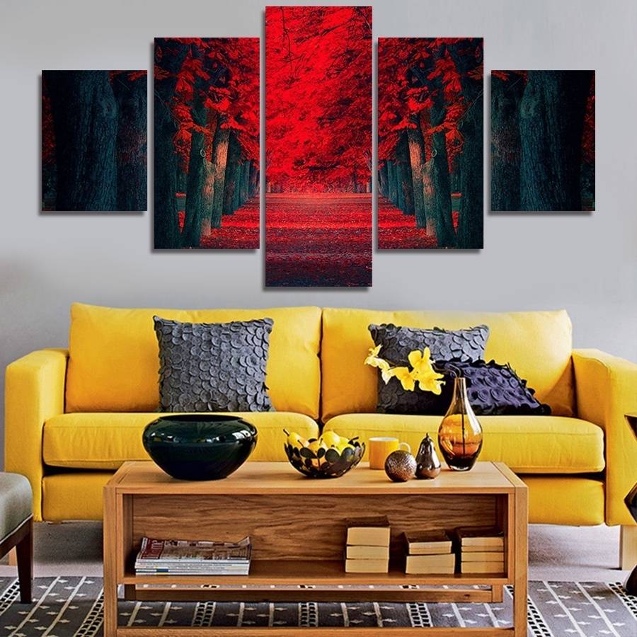 5pcs/set Unframed Red Forest Large Trees Landscape Painting On Canvas Wall Art Painting Art Picture For Living Room Decor