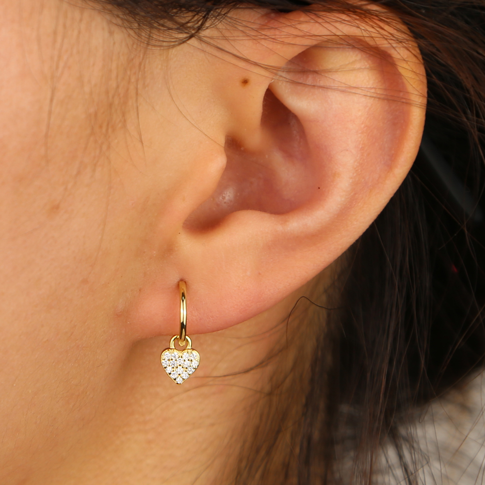 high quality fine 925 sterling silver circle hoop with micro pave cz heart charm dangle earring