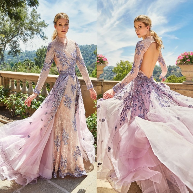 Fashion Beaded Backless Wedding Dresses A e High Neck Long Sleeves Lace Beach Bridal Gowns With Detachable Train vestido de novia