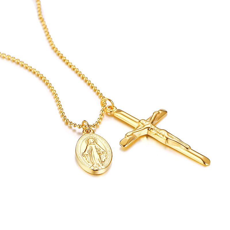 Virgin Mary Necklace in Stainless Steel Gold Medallion Necklace Religious Miraculous Jewelry