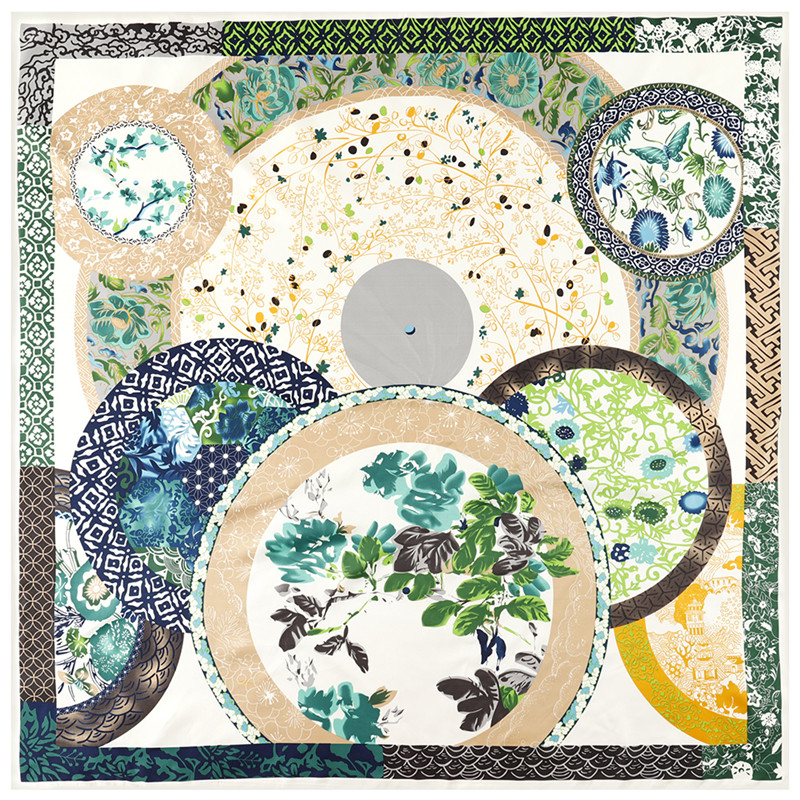 Women Square Scarves For Ladies Shawl Hijab Scarf Retro Porcelain Plate 130cm Twill 100% Silk Scarf