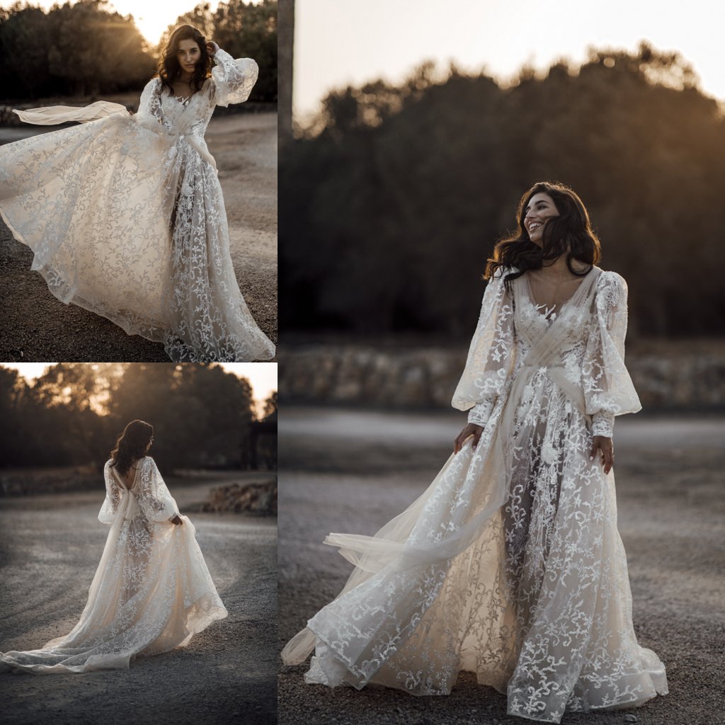 2020 Bohemian Wedding Dresses Deep V Neck Lace Appliques A Line Long Sleeve Wedding Dress Custom Made Boho Backless Bridal Gowns