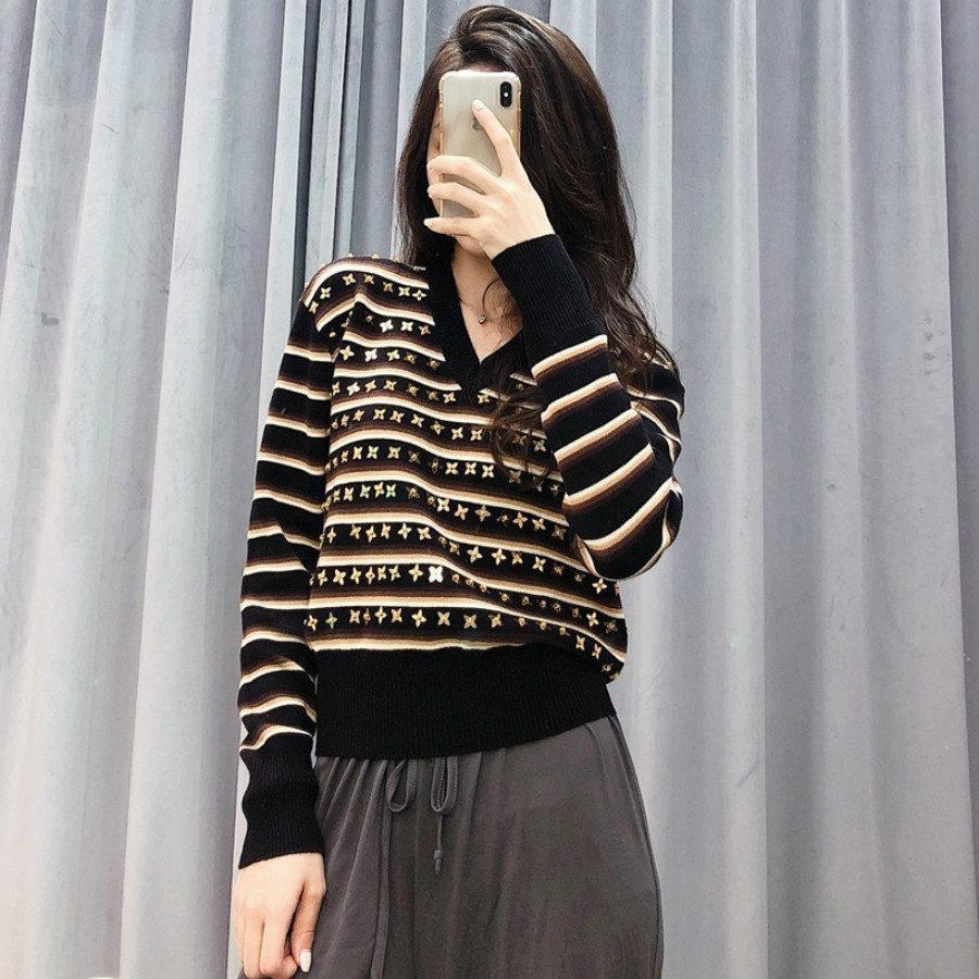 Spring/Summer 2020 High-end Quality Fashion Lady's Wool Blended V-neck Hand-made Golden Pointed Petal Sweater S-L