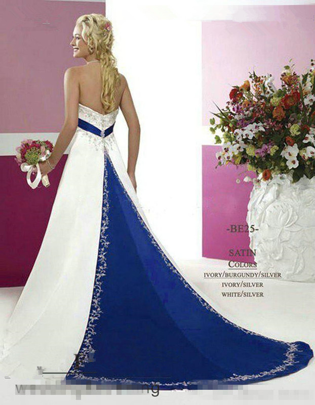 2018 New Silver Embroidery On Satin White and Royal Blue Floor Length Bridal Gowns Custom Made Vintage Style Plus Size Wedding Dresses