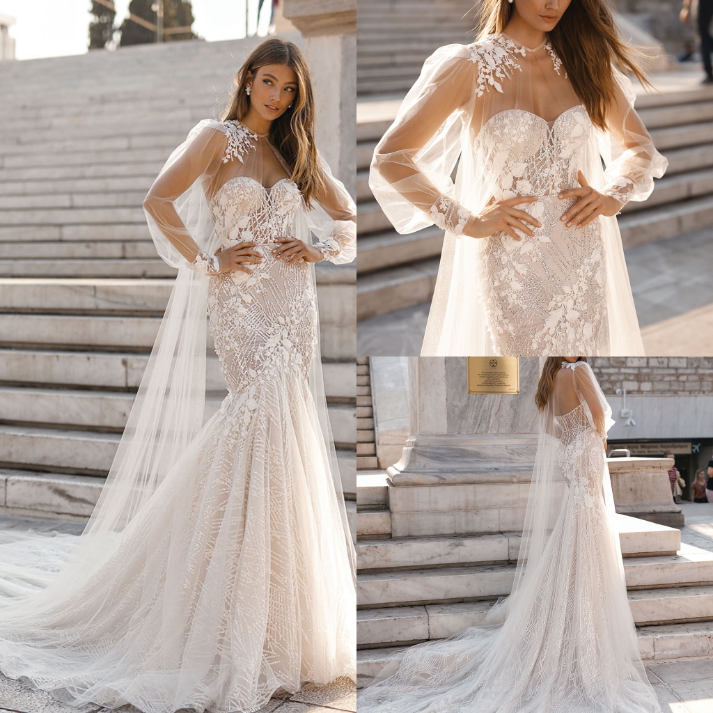 Gorgeous Berta Mermaid 2019 Wedding Dresses With Cape Beaded Sweetheart Lace Appliqued Beach Wedding Dress Bridal Gowns Vestidos Custom Made