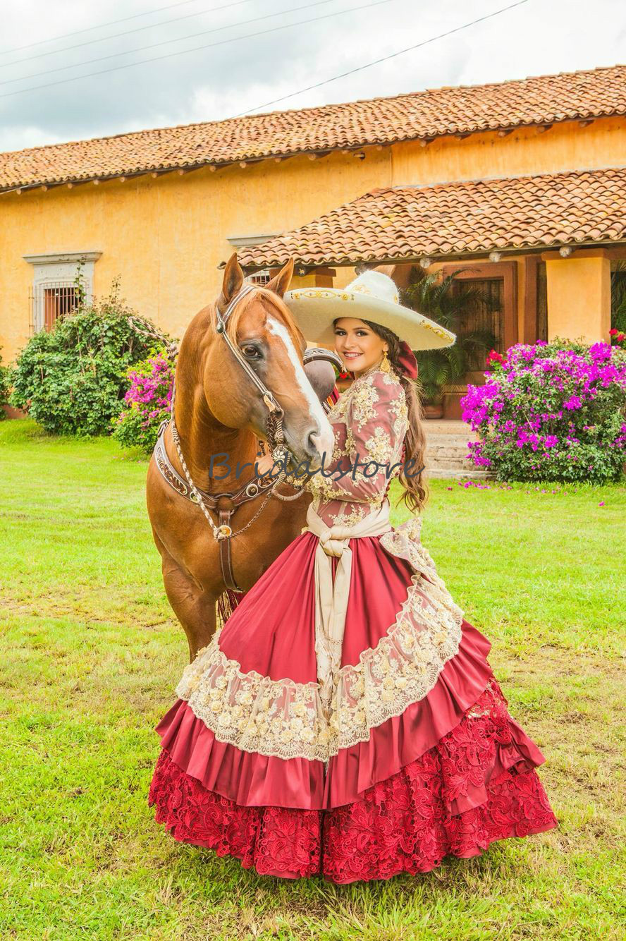 Traditional Red Mexican Quinceanera Dresses V Neck Embroidered Lace Long Sleeve Prom Cinderella Princess Cowgirl Sweet 16 Birthday Dress