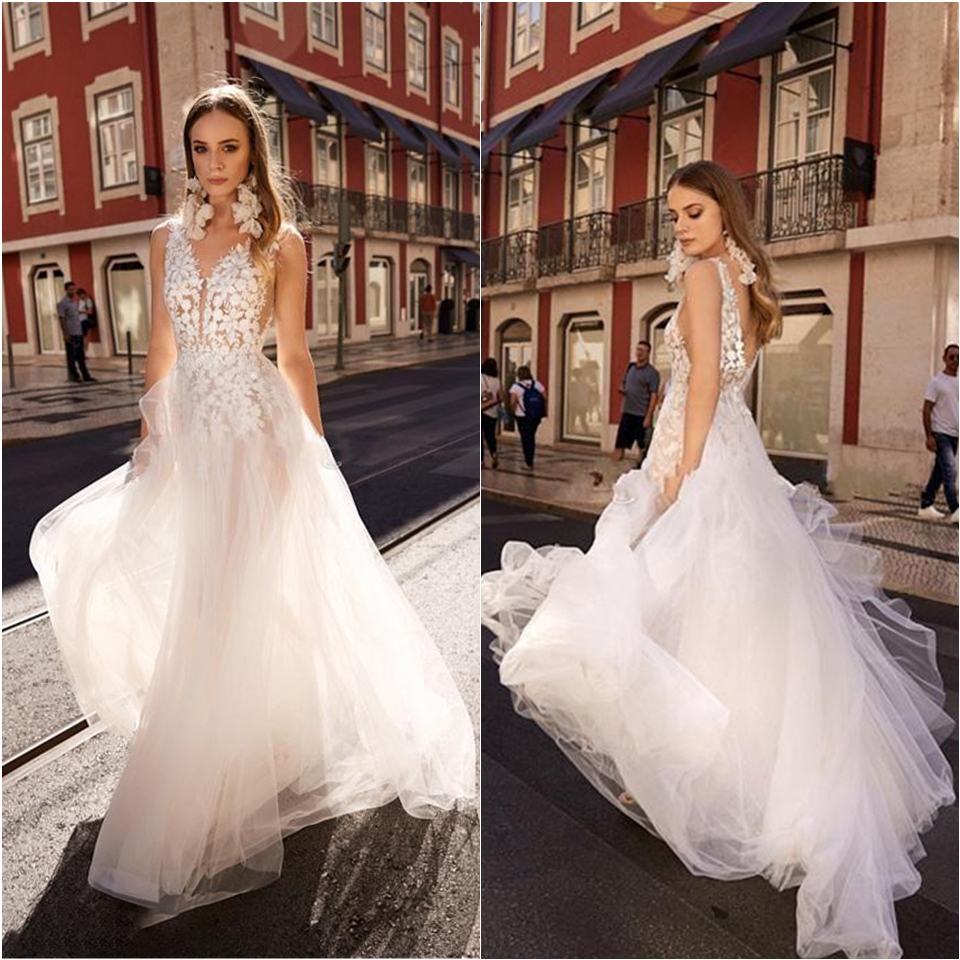 Wedding Dresses Sexy Lace Appliques Backlesss Beach Bridals Gowns Tull Long Wedding Dress Bridal Dresses Custom made