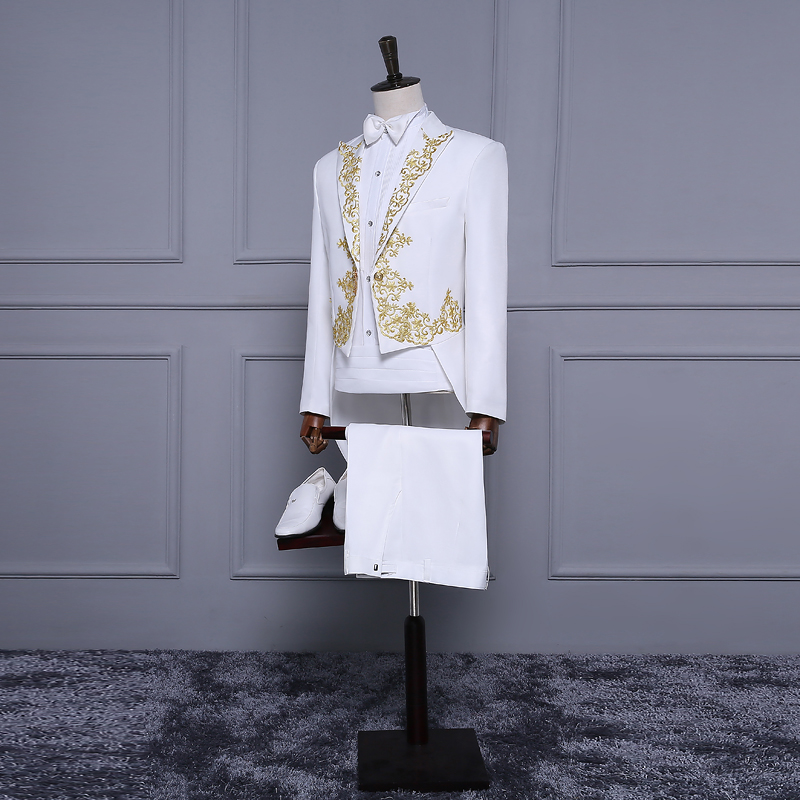 Red White New Style Tuxedos With Tails For Groom Gold Appliques Prom Party Tailcoat para hombre Slim Fit Mens Wedding Tuxedos Custom Made