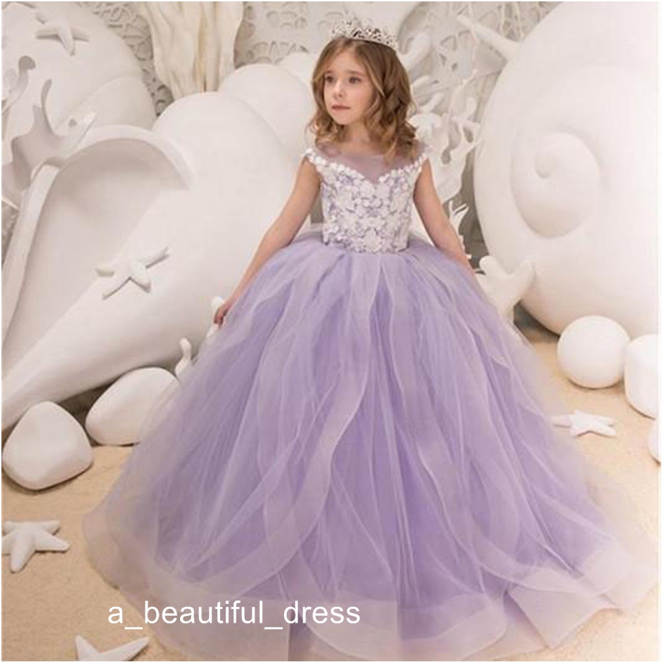 New Lilac Lavender Flower Girls Dresses For Weddings Cap Sleeves White Lace Appliques Ball Gown Birthday Girl Communion Pageant Gowns FG1338