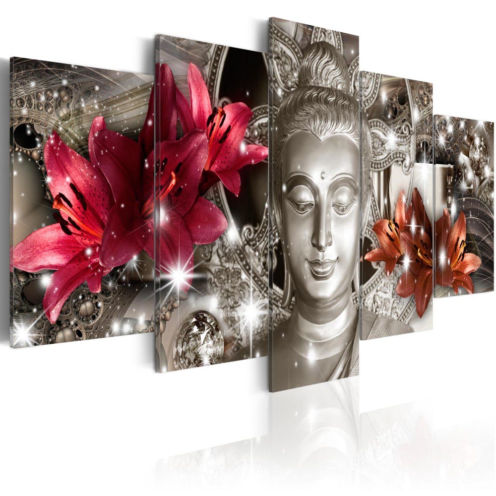 5 Panel Abstract Printed Buddha Painting Canvas Wall Art Home Decor Buddha Scenery Flower Picture For Living Room Unframed