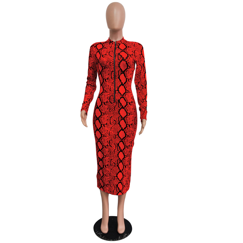 Echoine Sexy Snake Print Bodycon Long Sleeve Zipper Women Autumn Evening Party Night Dress Vintage Vestidos Outfits MX200327