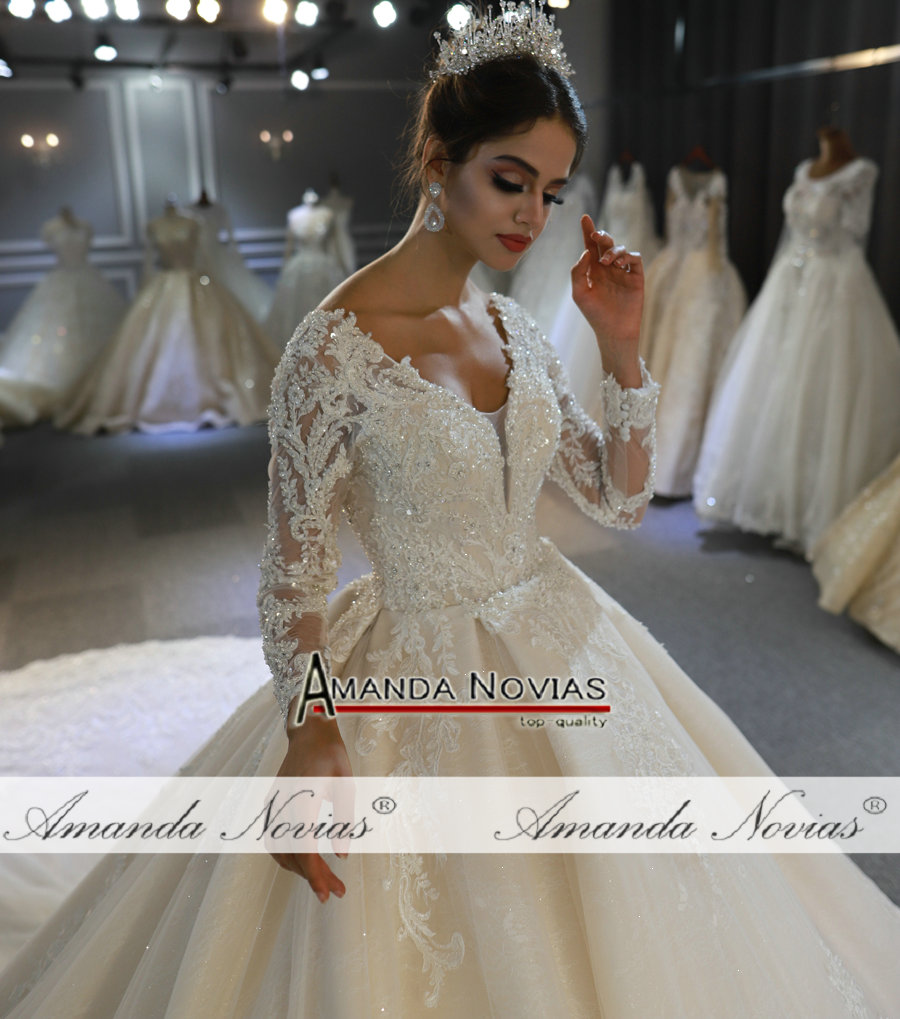 Light Champagne V Neck Crystal Lace Ball Wedding Dresses Muslim Long Sleeves Open Back Plus Size Bridal Gown Real Pictures BC