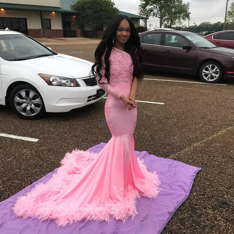 Pink Prom Dresses 2020 one long sleeve One Shoulder Feather Lace Appliques Mermaid Evening Dress African Black Girls Long Formal Gowns