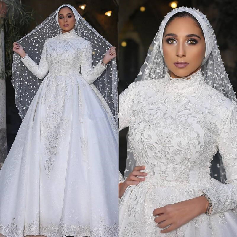 elegant overskirt lace muslim wedding dresses pearls high neck appliqued long sleeves bridal gowns a line white wedding dress