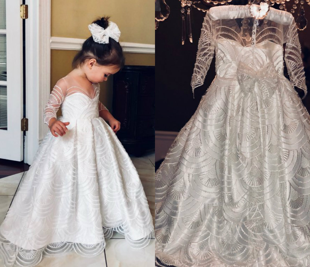 White Flower Girl Dresses A Line V Neck Lace Floor Length Long Sleeve Girls Pageant Dress Custom Made Kids Formal Gowns