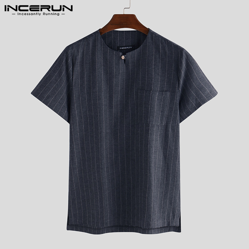 INCERUN Summer Short Sleeve Striped Shirt Men V Neck Slim Streetwear Fashion Casual Chemise High Quality Brand Shirts Men -3XL, Navy shirt