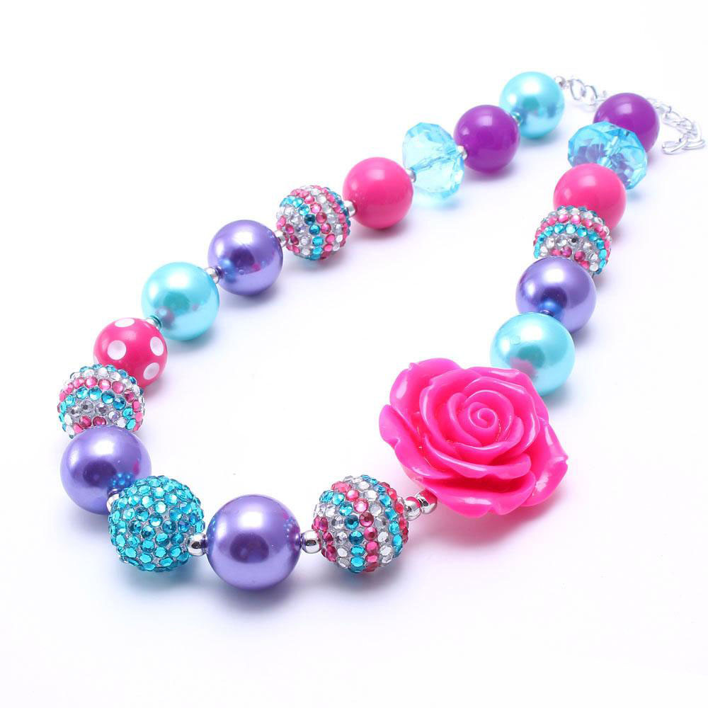 Teal+Hot Pink Kid Chunky Necklace Bracelet Set Big Rose Flower Children Girl Toddler Bubblegum Chunky Bead Necklace Jewelry Set