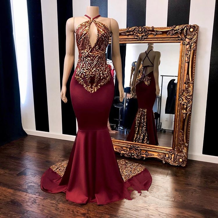2019 Burgundy Halter Mermaid Prom Dresses Gold Sequined Bandage Evening Gowns Plus Size Special Occasion Dubai Arabic Party Dress