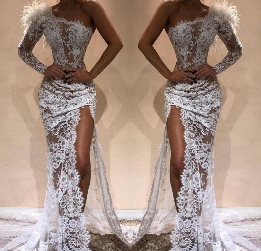 White Full Lace Mermaid Evening Dresses Hot Sell Side Split 2020 Modern One Shoulder See Through Red Carpet Pageant Celebrity Gowns Arabic