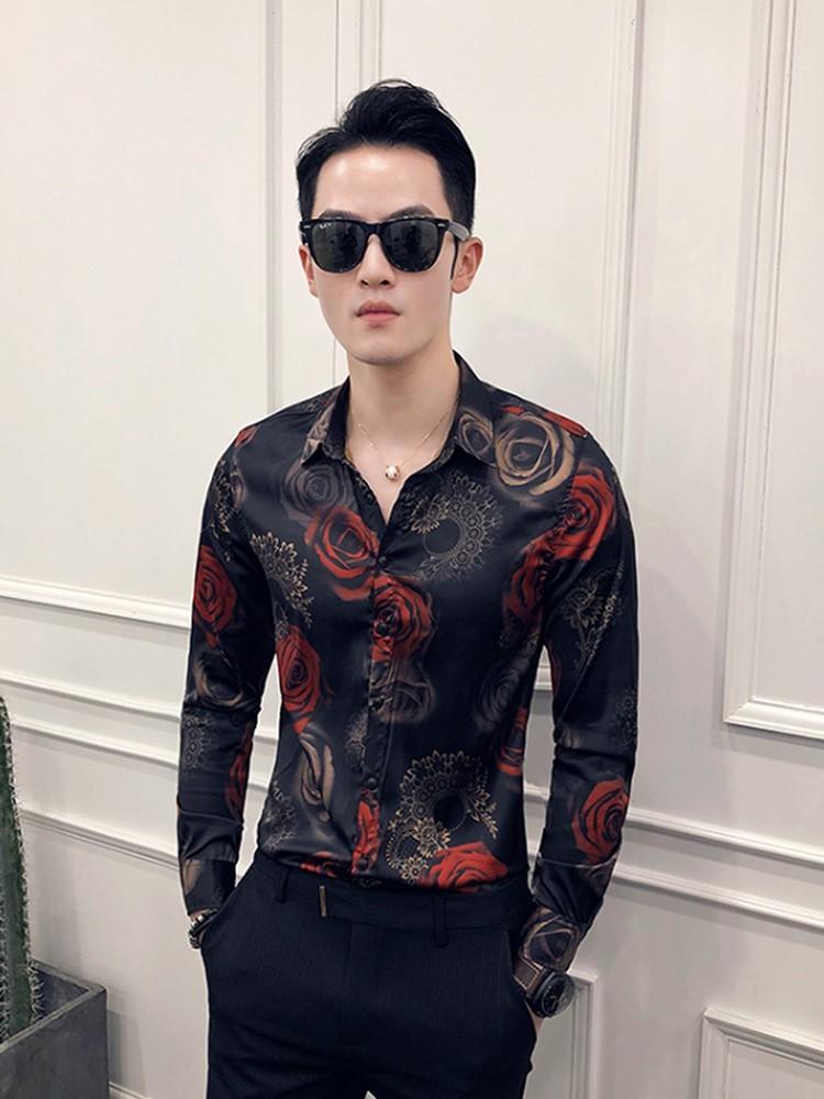 Spring Men Floral Print Flower Shirt Chemise Homme Clothing For Men Club Party Wedding Long Sleeve Shirt Camisa Masculina