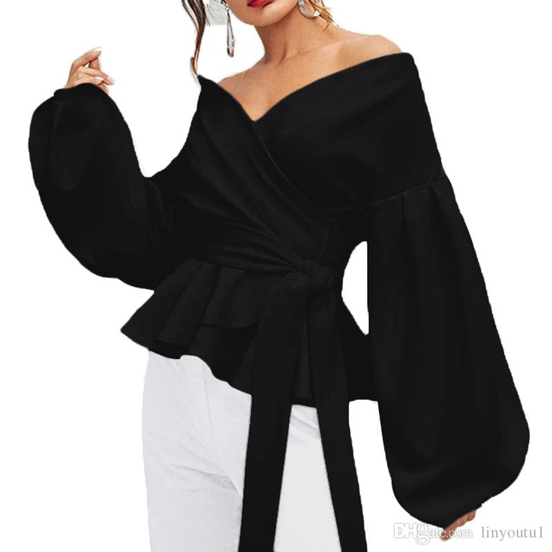 2020 White Office Lady Elegant Lantern Sleeve Off the Shoulder Solid Blouse Autumn Sexy Women Tops And Blouses
