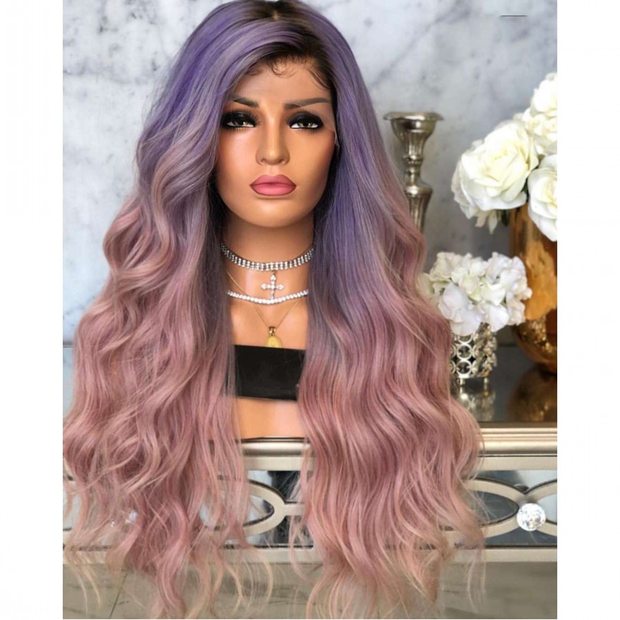 New fashion celebrity Style Wigs Synthetic black roots purple ombre pink Lace Front Wig heat resistant hair for women
