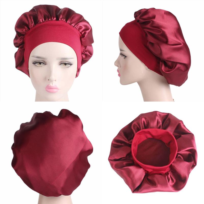 1 2 5 10PCS 58cm Solid Color Long Hair Care Women Satin Bonnet Cap Night Sleep Hat Silk Head Wrap Adjust Shower Caps