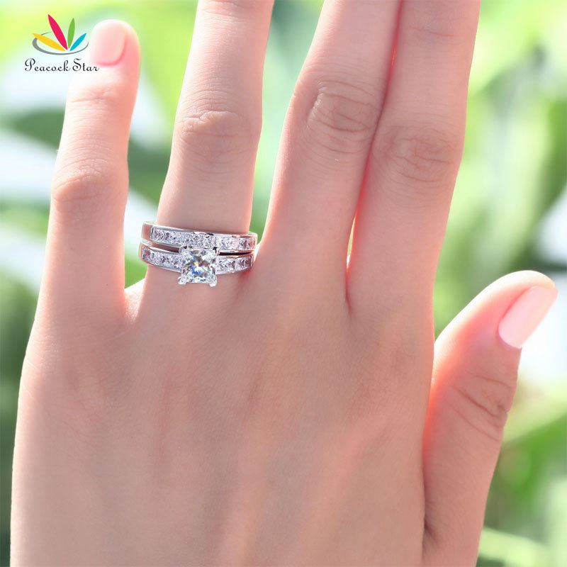 Peacock Star Solid 925 Sterling Silver 2-Pcs Wedding Engagement Ring Set 1 Ct Princess Cut Jewelry CFR8020 CJ191216