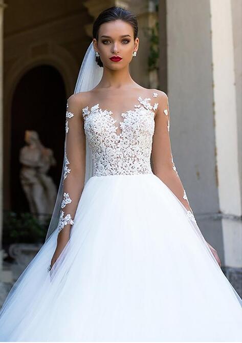 Long Sleeves Wedding Dress 2019 Beach Bridal Gown Tulle Lace Appliques White/Ivory Romantic Buttons Wedding Dresses