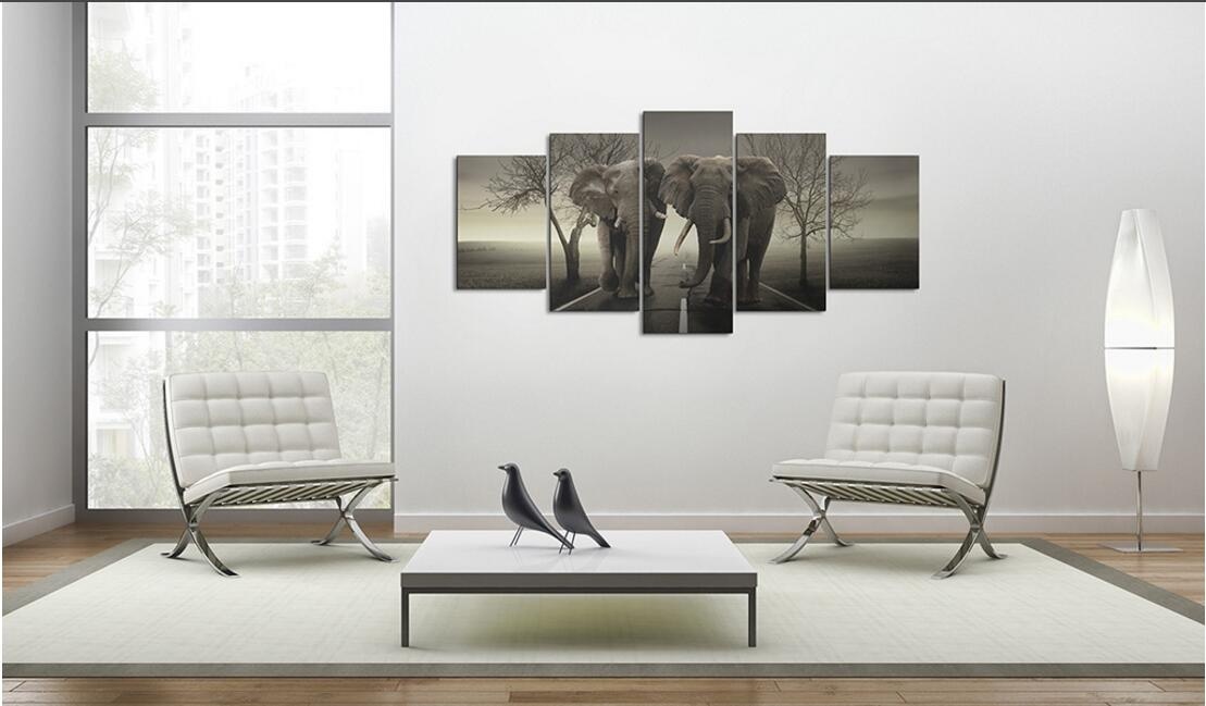 ( No Frame)5PCS/Set Modern Animal Parallel Elephants Art Print Frameless Canvas Painting Wall Picture Home Decoration