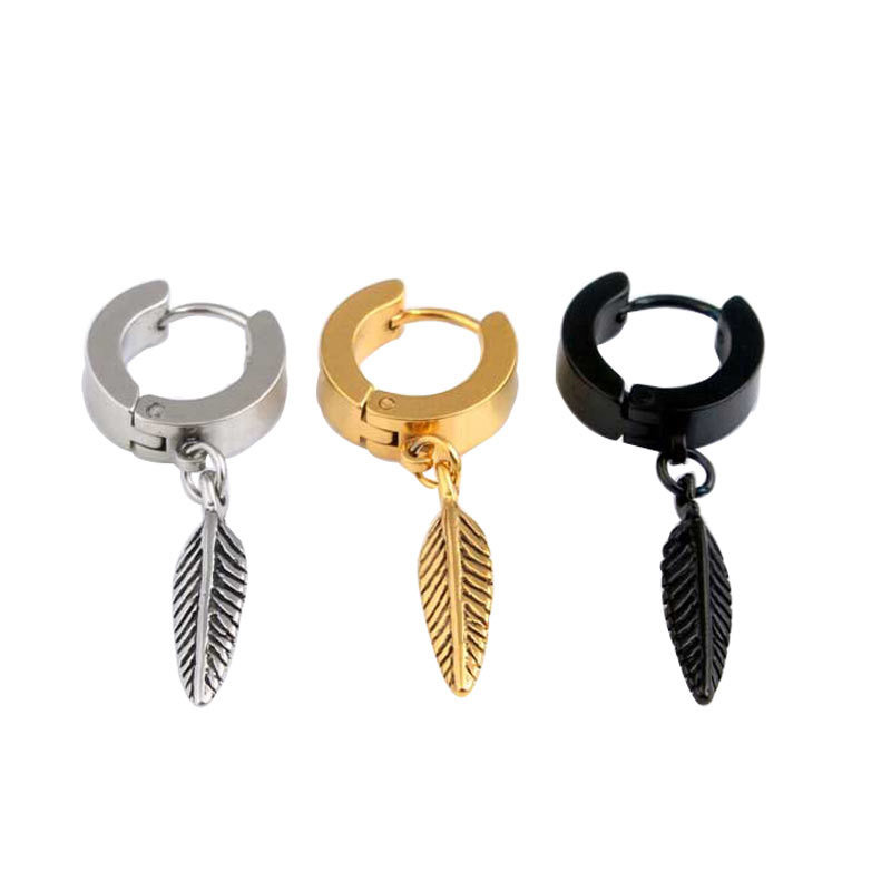 Hip Hop Charm Feather Drop Hoop Stainless Steel Earrings New Style Jewelry Wholesale Gold/Silver/Black