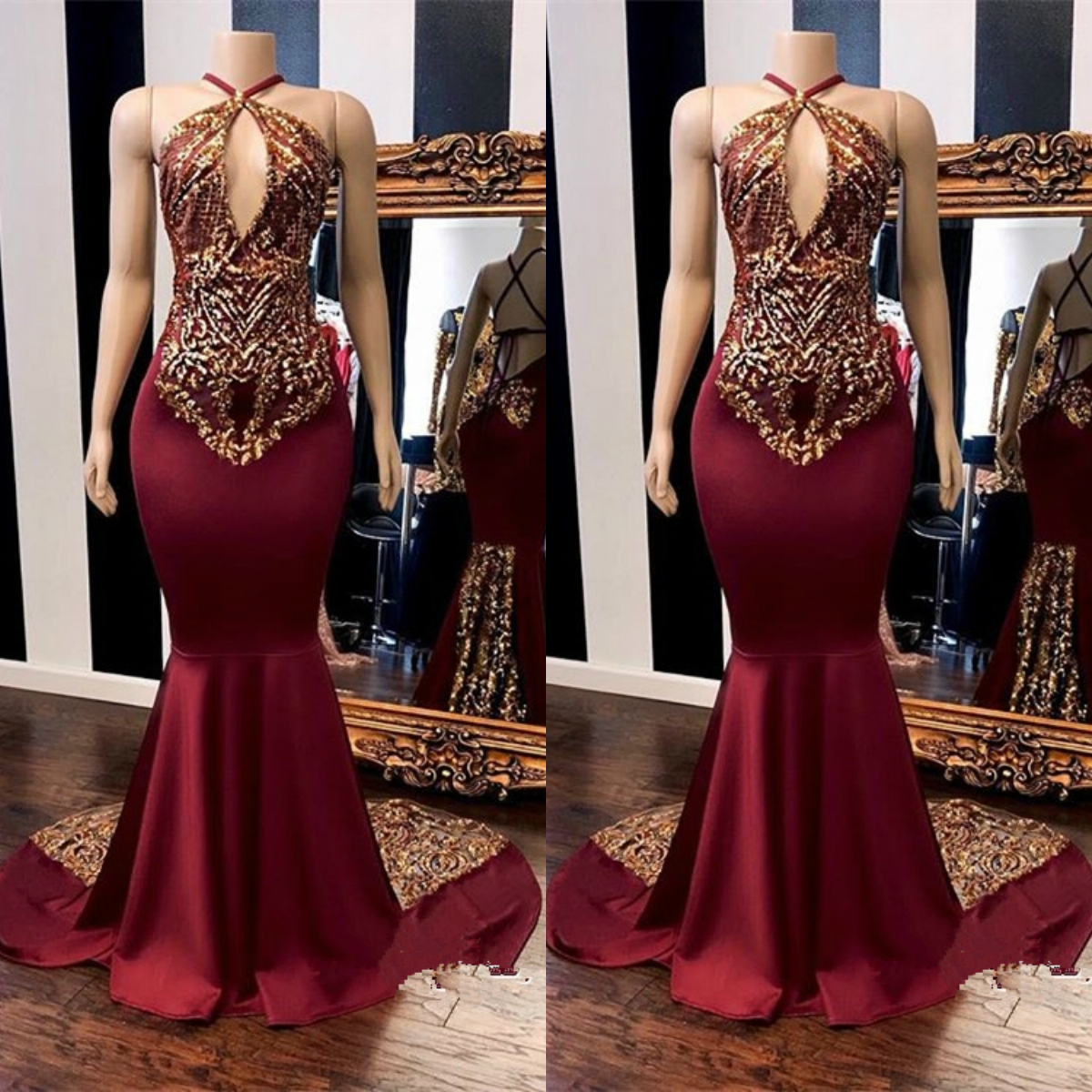 2019 Burgundy Halter Mermaid Prom Dresses Gold Sequined Bandage Evening Gowns Plus Size Special Occasion Dubai Arabic Party Dress