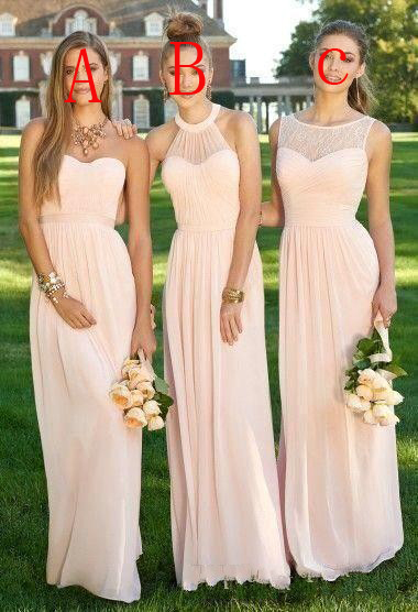 Cheap Pink Bridesmaid Dresses Long For Wedding Guest Dress Halter Neck Sleeveless Chiffon Illusion Floor Length Plus Size Party Gowns