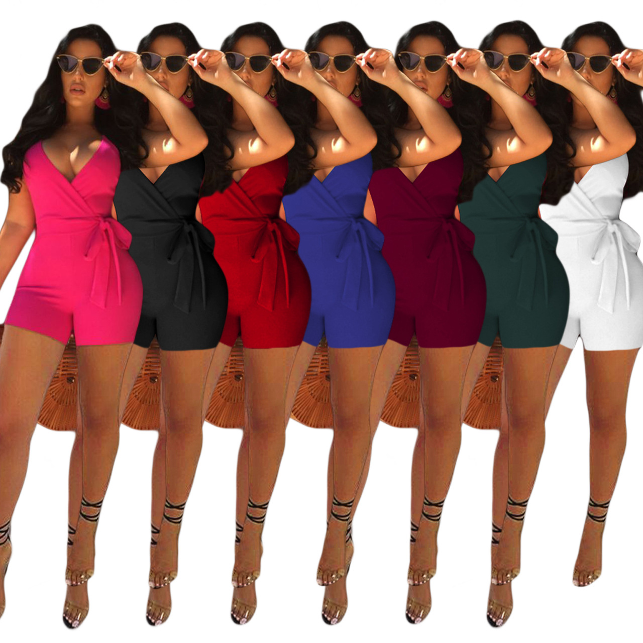 Spot Jumpsuits European spring and autumn fashion sexy deep V-neck solid color one-piece shorts support mixed batch