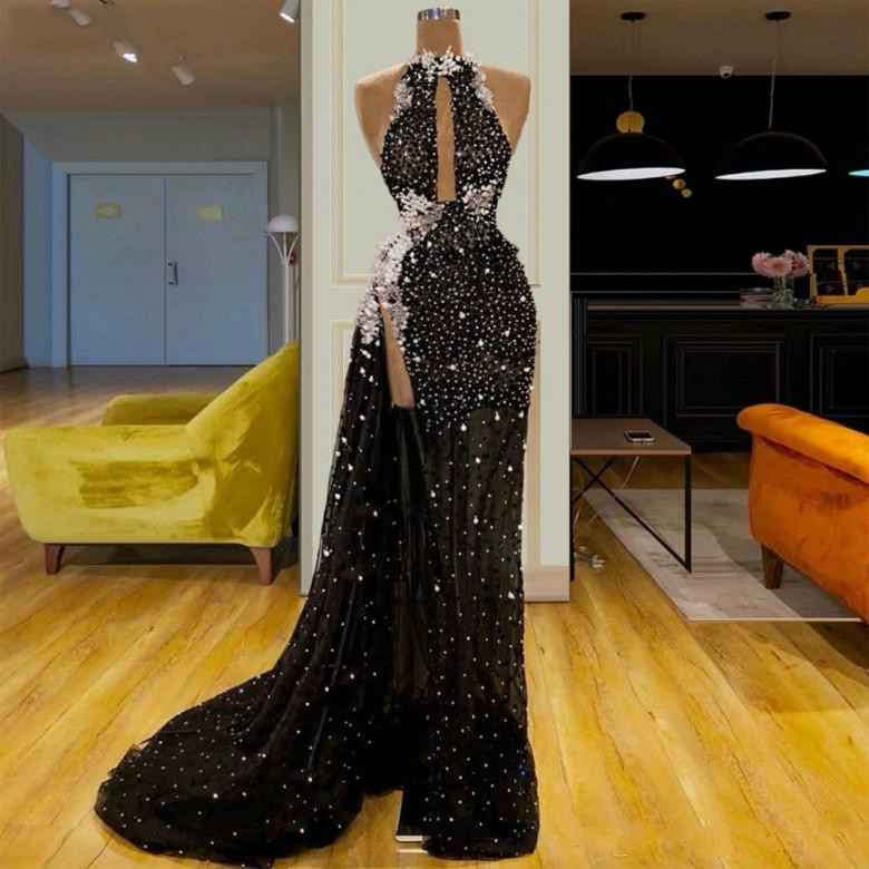 New Illusion High Split Prom Dresses Evening Wear Sleeveless Halter Pearls Beaded Sexy Women Prom Party Gowns Runaway vestidos