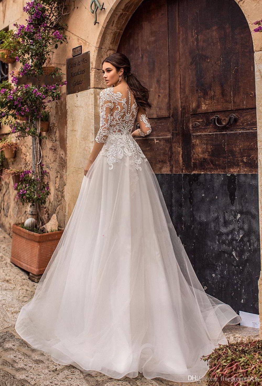 A Line Vintage Dress Scoop Neck Lace Appliqued Illusion 1/2 Sleeve Tulle Applique Sweep Train Wedding Bridal Gowns With Buttons ppliqued pplique