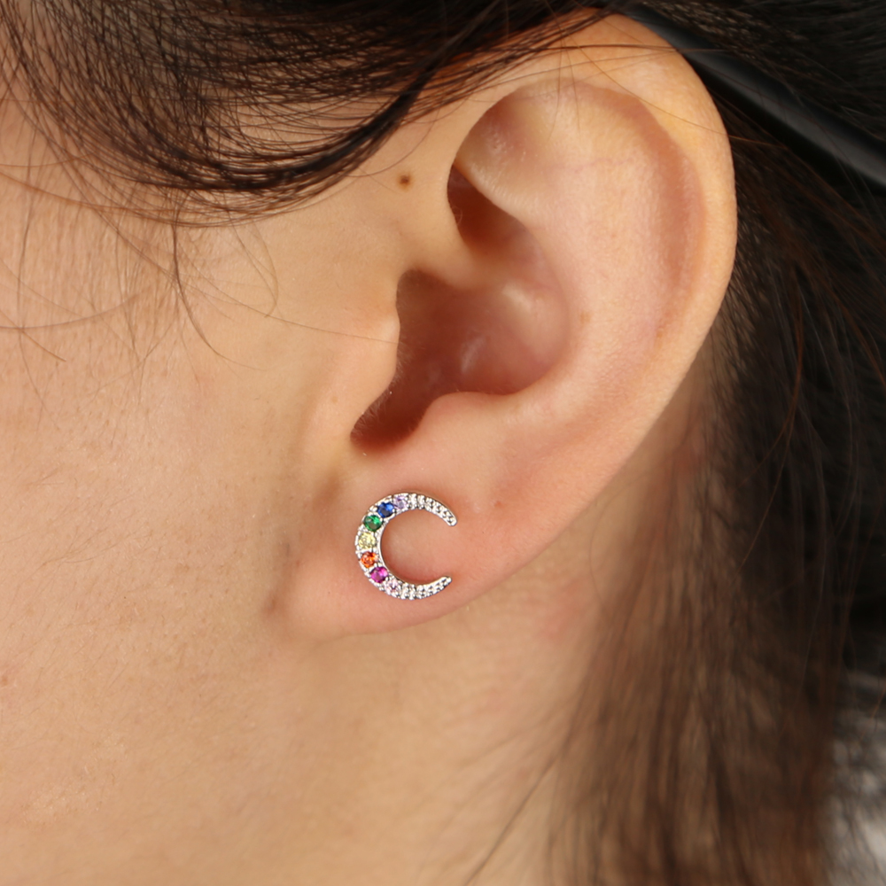 Rainbow cz crescent moon stud lovely girl stud Gold silver Color 2019 Christmas gift Moon earring
