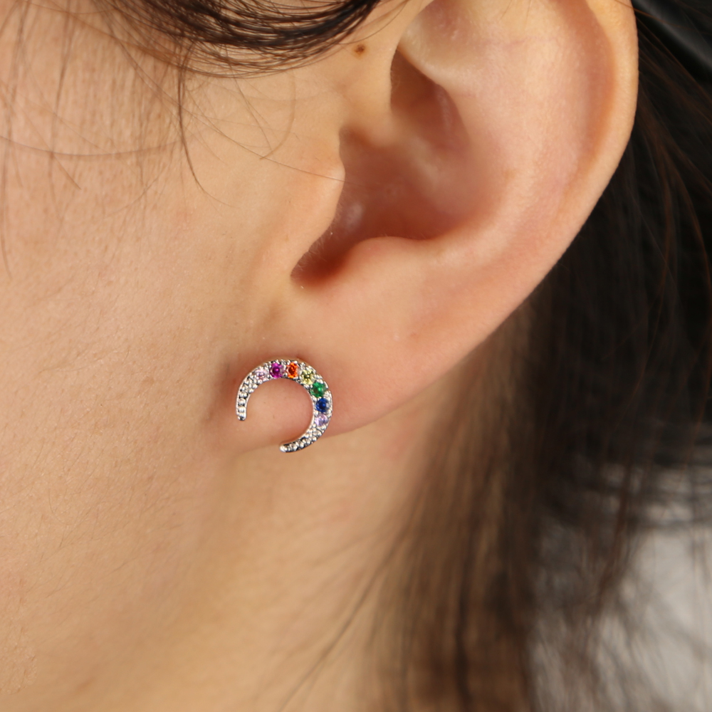 Rainbow cz crescent moon stud lovely girl stud Gold silver Color 2019 Christmas gift Moon earring